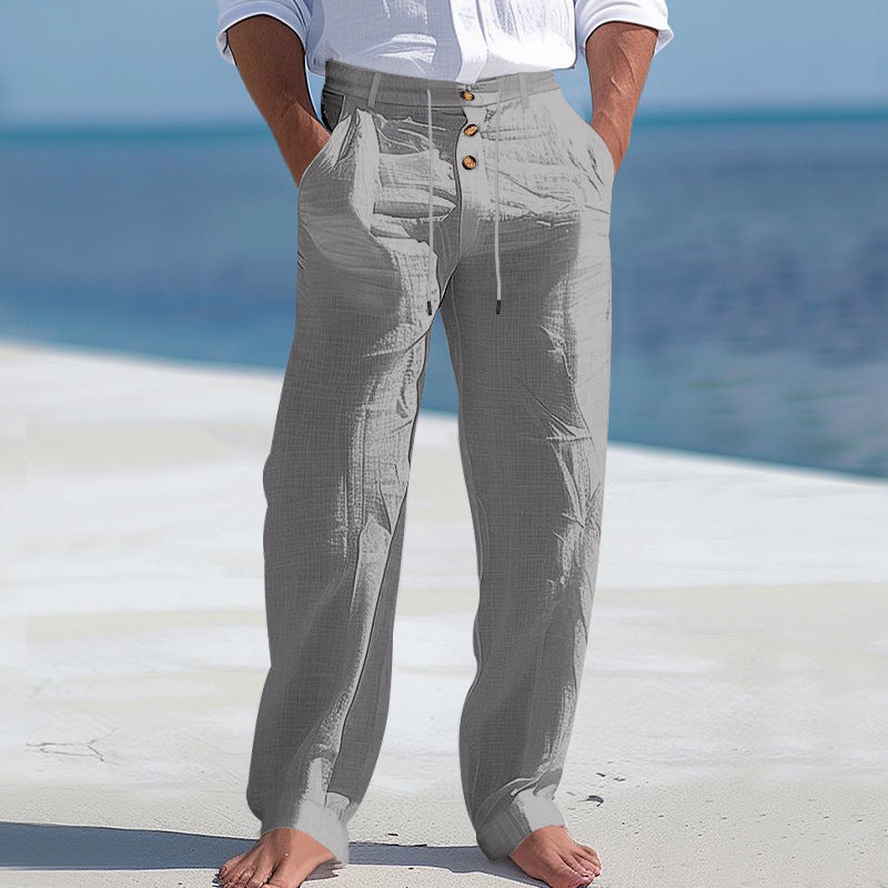 Herren lässige Leinenhose mit hohem Bund und bequemen Taschen WW