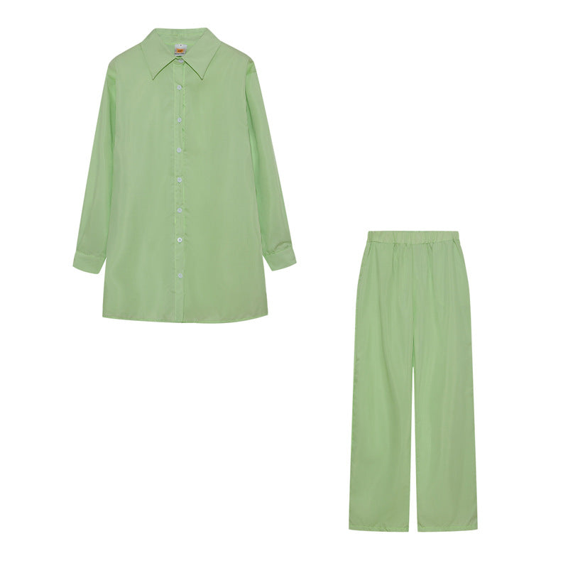 Damen Satin Pyjama Set mit langärmliger Bluse und weiten Hosen WW