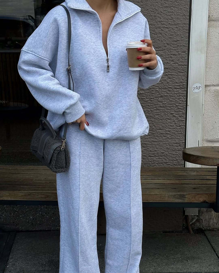 Damen bequemer Fleece-Athleisure-Anzug mit Stehkragen und Reißverschluss WW