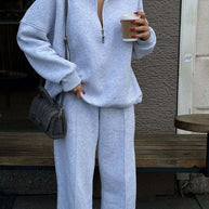 Damen bequemer Fleece-Athleisure-Anzug mit Stehkragen und Reißverschluss WW