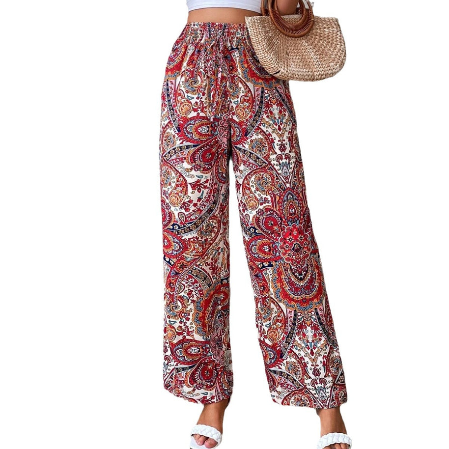 Damen weite Palazzo-Hose mit elastischem Bund und elegantem Paisleymuster WW