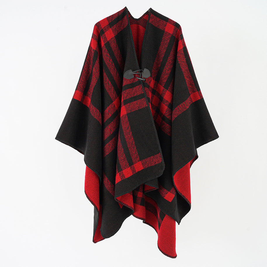 Damen Luxuriöser Geometrischer Poncho aus weichem Material mit dezenter Knopfverzierung WW