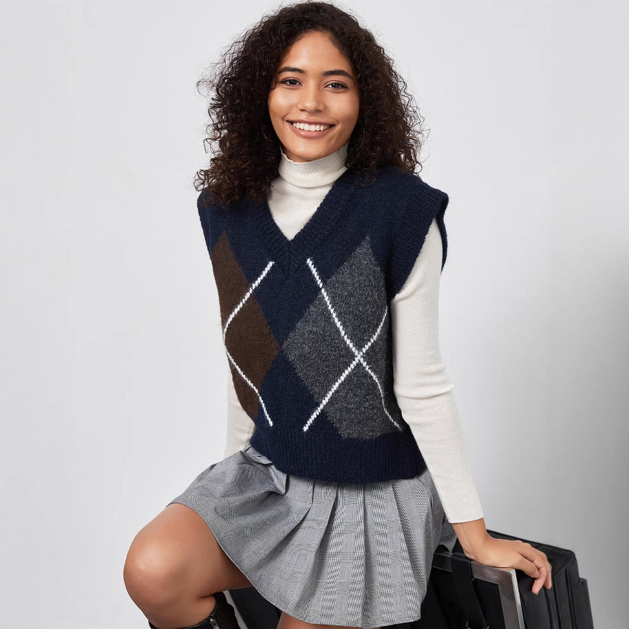 Damen Strickpullover mit modernem Rautenmuster WW