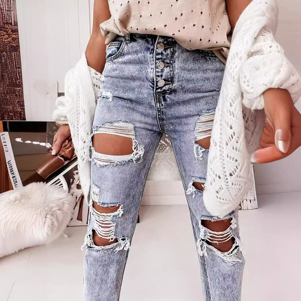Damen Destroyed Boyfriend Jeans im lässigen Vintage-Stil mit hohem Bund WW