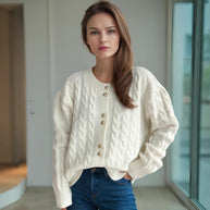 Damen Strickjacke mit eleganter Zopfmusterstruktur und dekorativen Knöpfen WW