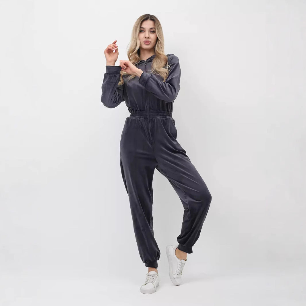 Damen sportlicher Fleece-Jumpsuit mit durchgehendem Reißverschluss WW