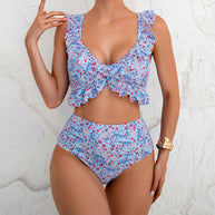 Damen Rüschene Floral-Print Crop-Bikini-Set WW