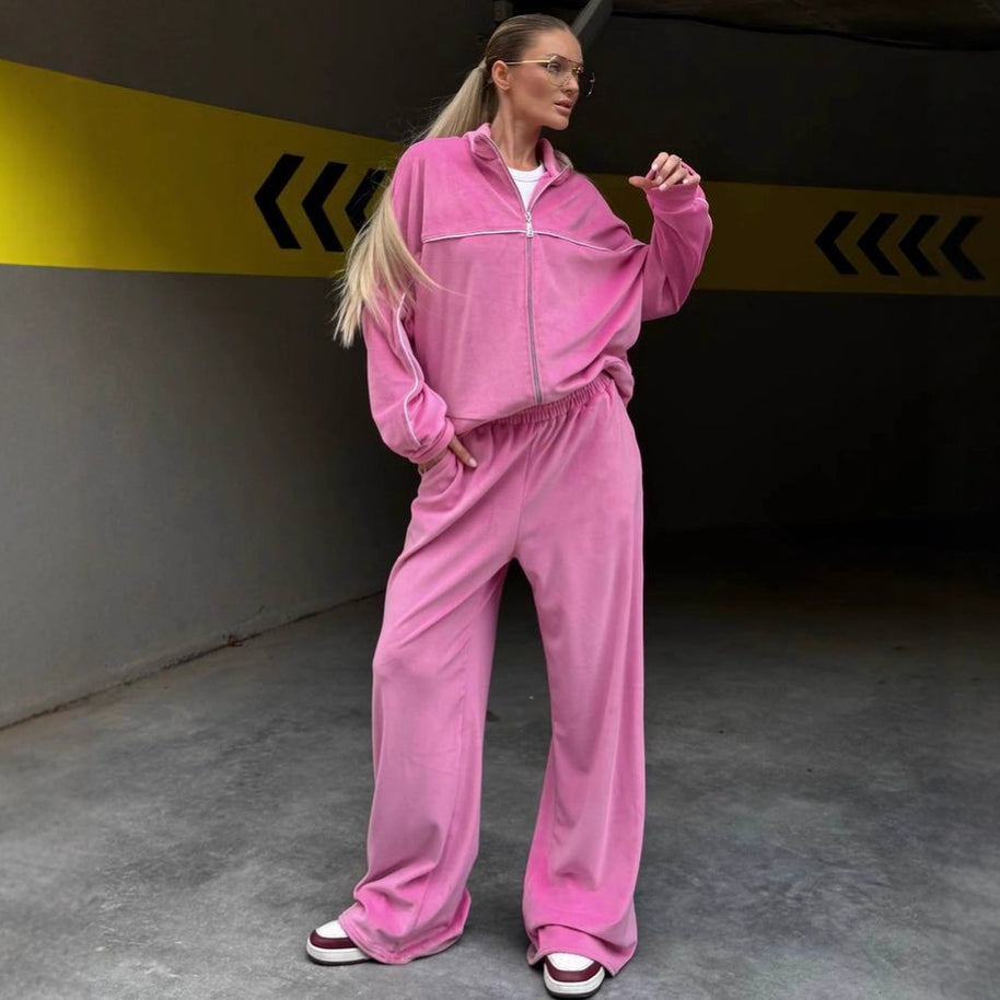 Damen sportlicher Velours-Loungewear-Anzug mit breiten Hosen WW