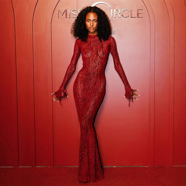 W&W Mode | Durchsichtiges Leopardenmuster Bodycon Rückenfreies Langkleid