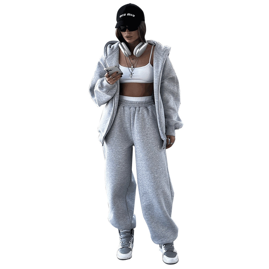 Damen Bequemes Fleece-Hausanzug-Set mit Hoodie und elastischem Bund WW