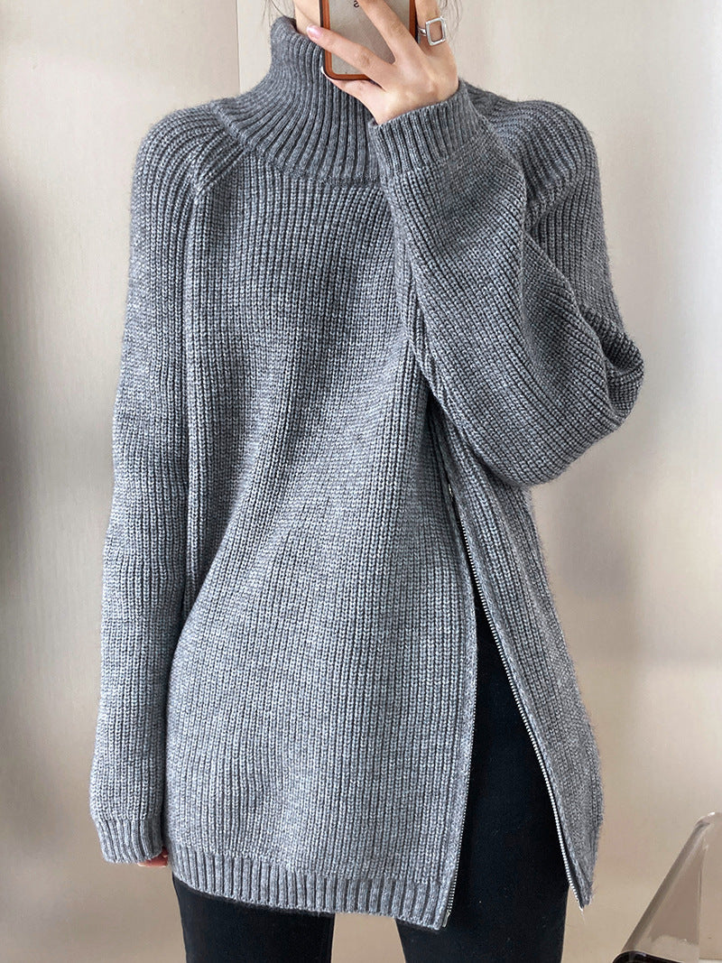 W&W Mode Rollkragenpullover mit Seitenschlitz einfarbig gestrickt