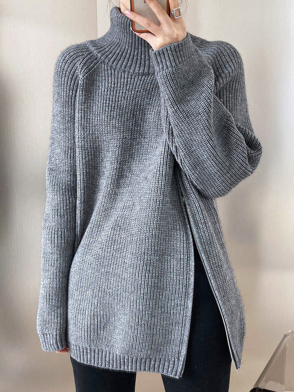 WW Rollkragenpullover mit Seitenschlitz einfarbig gestrickt