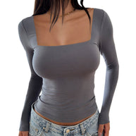 Damen figurbetontes Langarmshirt mit quadratischem Ausschnitt und Raffung WW