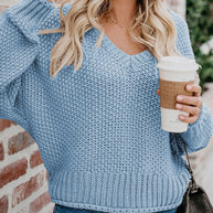 Damen Grobstrickpullover mit tiefem V-Ausschnitt und lockerer Passform WW