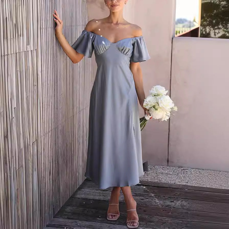 Damen Off-Shoulder Midi-Kleid mit voluminösen Ärmeln und eleganten Akzenten WW