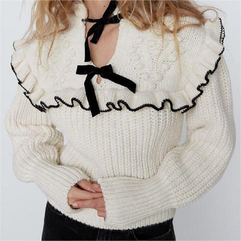 Damen Strickpullover mit Rüschenkragen und dekorativen Schleifen WW