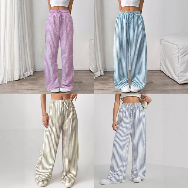 Damen weite gestreifte Stoffhose mit elastischem Bund und praktischen Taschen WW