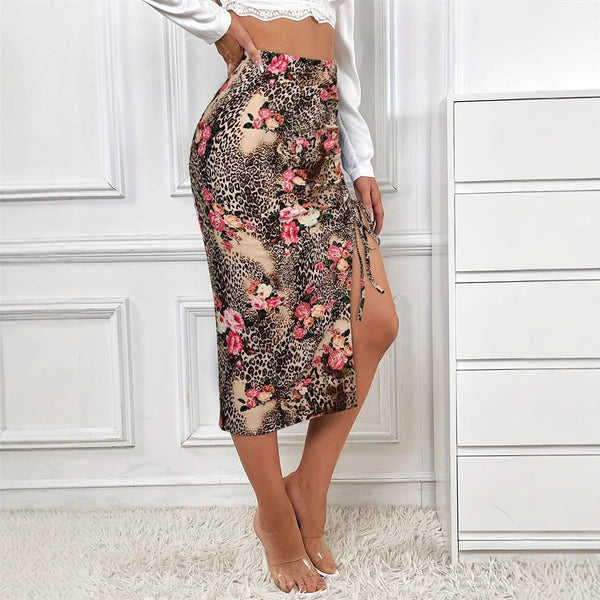 Damen Eleganter Midirock mit floralem Tiermuster und seitlichem Schlitz W&W