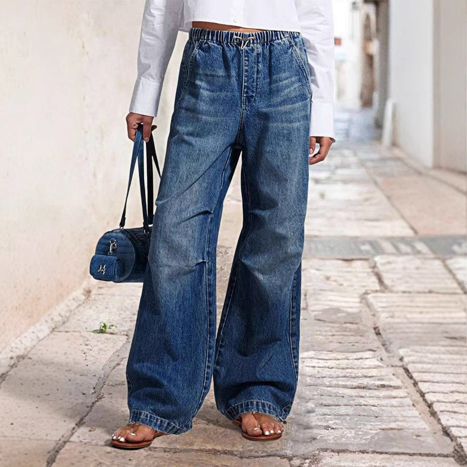 Damen weite High-Waist Denim-Hose mit elastischem Bund WW