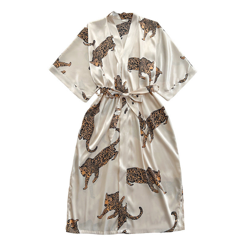 Damen Satin-Kimono-Robe mit lebhaftem Leopardenmotiv und elegantem Gürtel WW