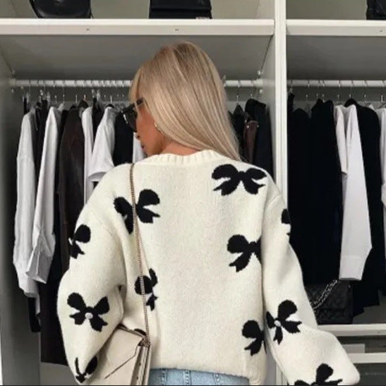 Damen Strickjacke mit dekorativen Schleifen und glänzenden Akzenten WW