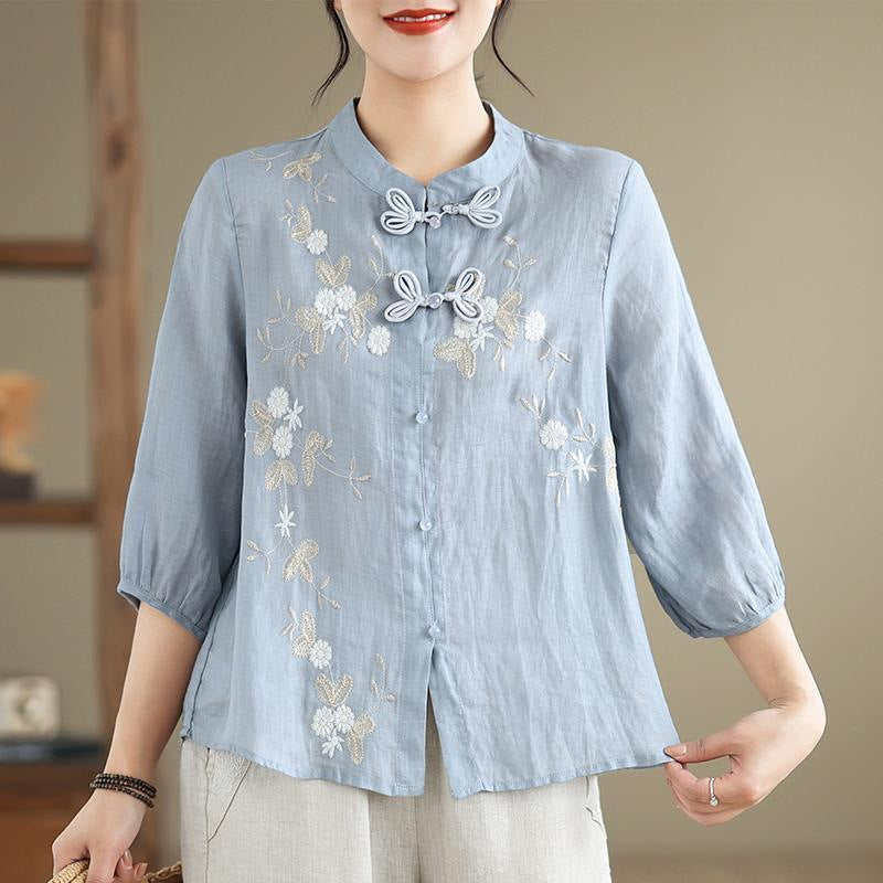 Damen Bestickte Bluse mit halben Ärmeln und Mandarin-Kragen WW