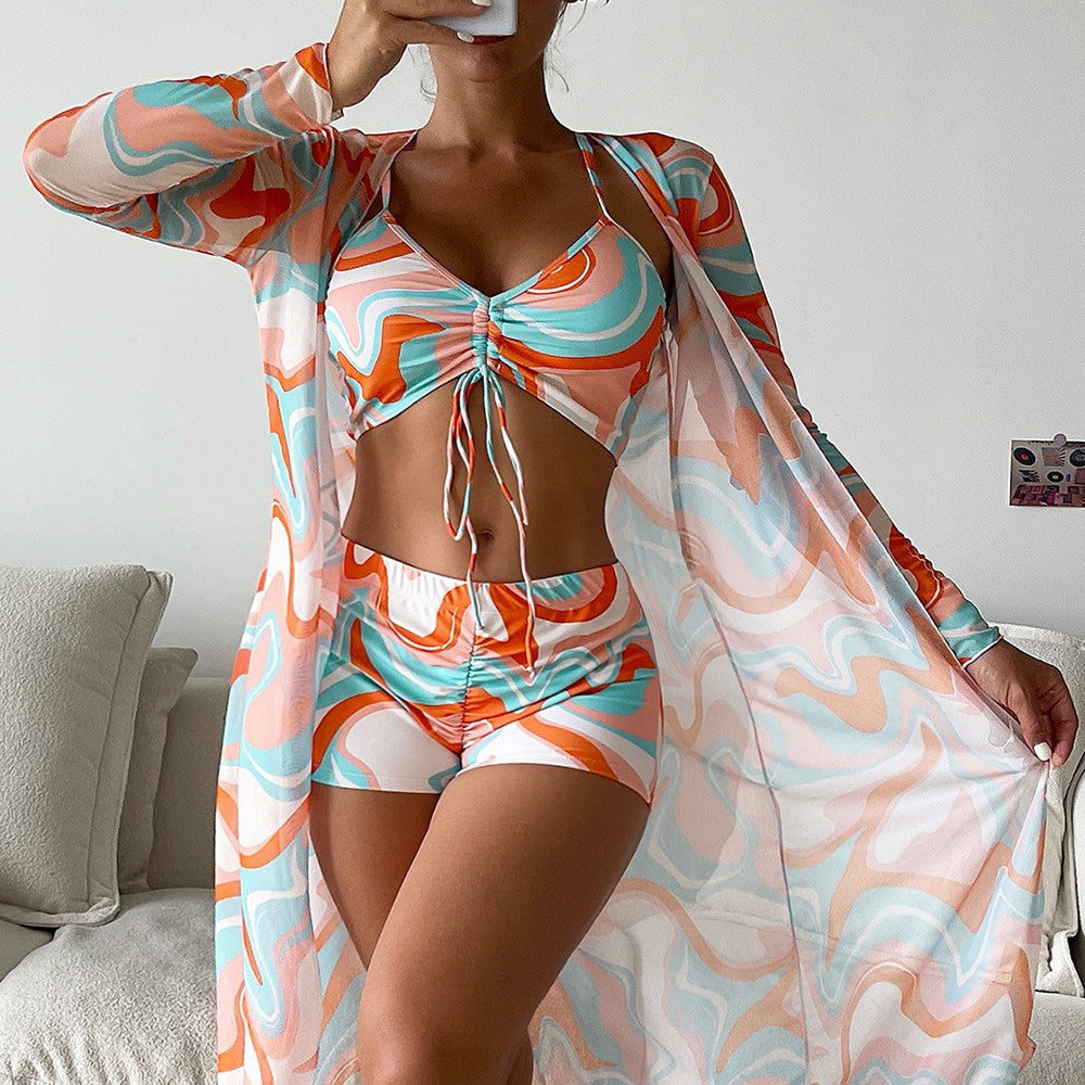 Damen Bikiniset mit schönem Bindeband und floralem Kimono WW