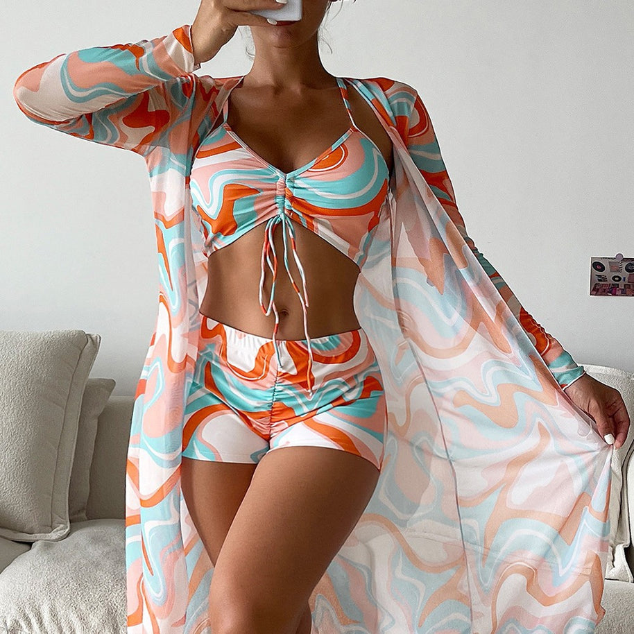 Damen Bikiniset mit schönem Bindeband und floralem Kimono WW