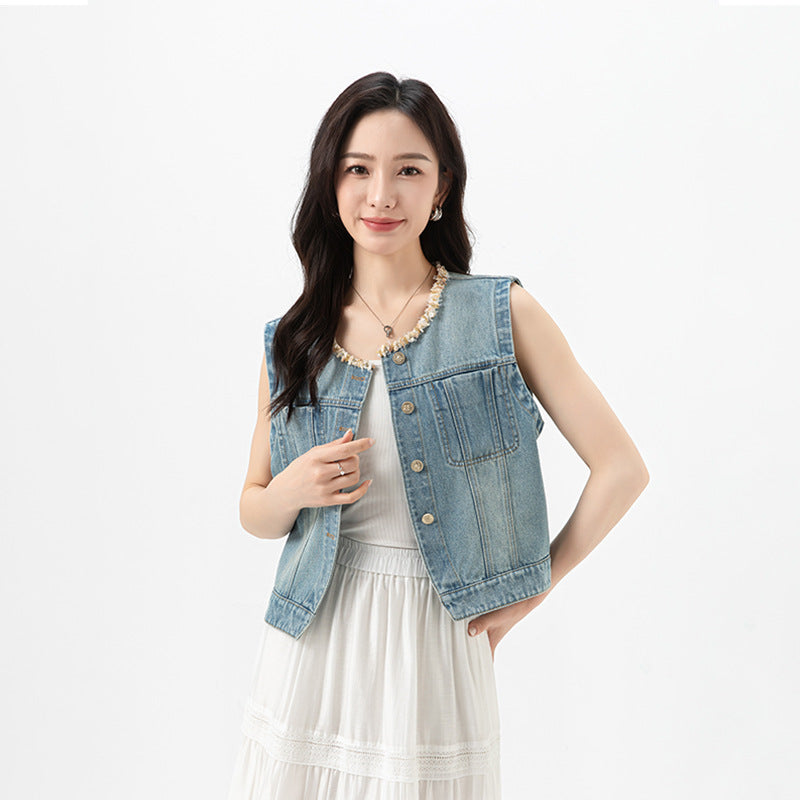 Damen Denim Weste im lässigen Look mit praktischen Taschen und Knopfleiste WW