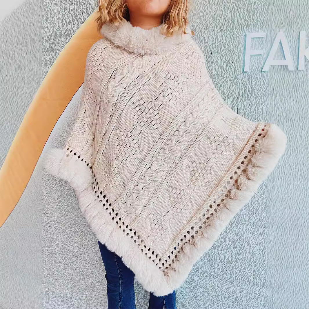Damen Strickponcho mit dekorativem Kragen und gefüttertem Saum WW