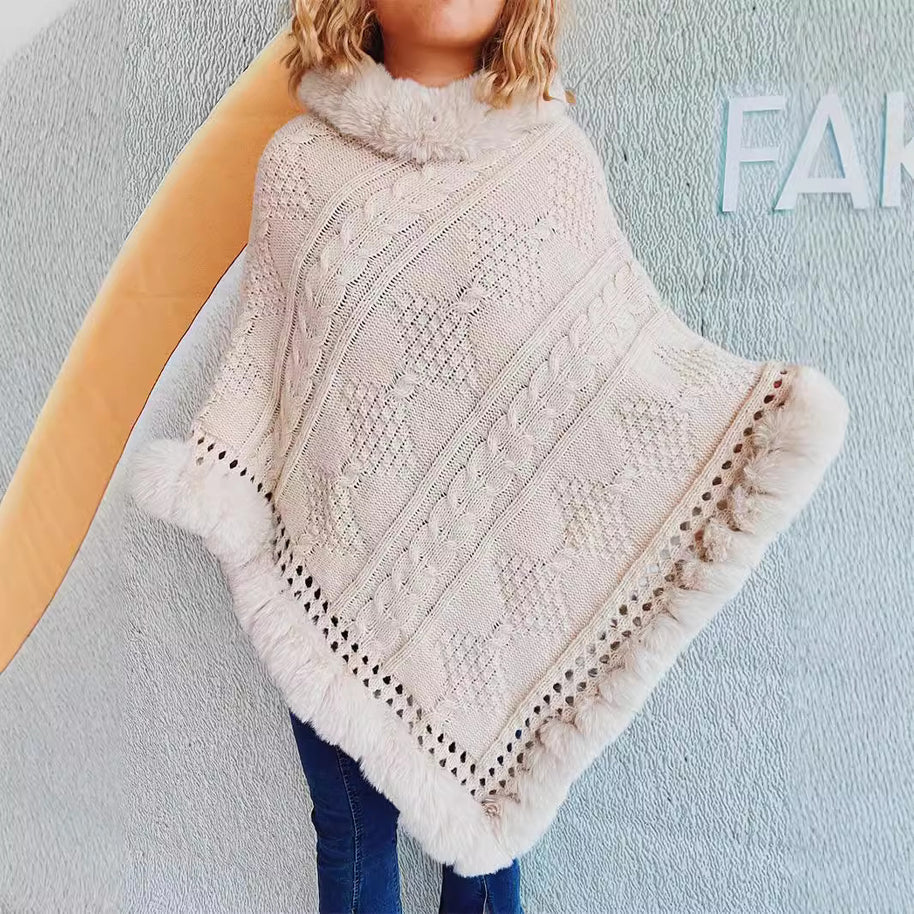 Damen Strickponcho mit dekorativem Kragen und gefüttertem Saum WW