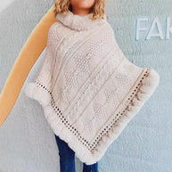 Damen Strickponcho mit dekorativem Kragen und gefüttertem Saum WW