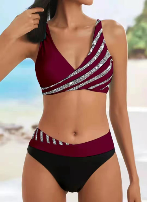 Damen Bikini-Set mit asymmetrischem Oberteil und Kontrast-Design WW