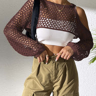 Damen lässiger Netzpullover mit offenen Schultern und weitem Schnitt WW