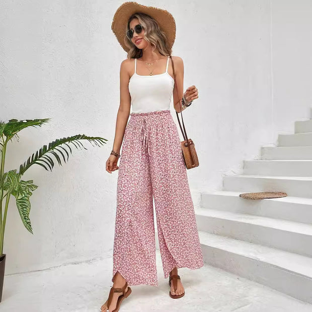 Damen weite Sommerhose mit elastischem Bund und floralem Design WW