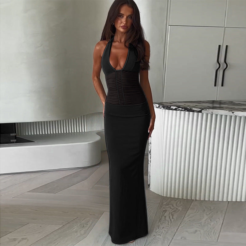 Damen Elegantes Maxikleid mit tiefem V-Ausschnitt und gerafftem Oberteil W&W Mode