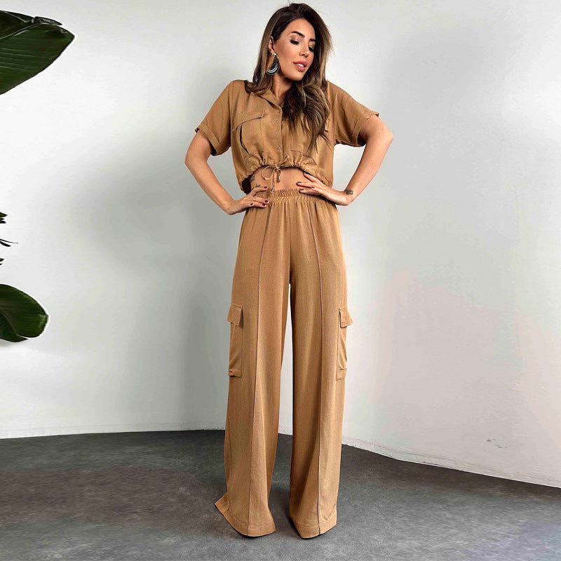 Damen Modisches Zweiteiliges Set mit weiten Beinstreifen und cropped Bluse WW
