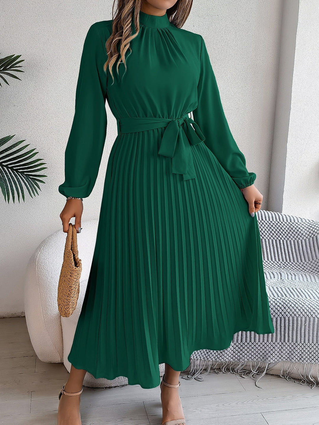 W&W Mode | Elegante Stehkragen Taillierter Plissierter Langer Rock kleines Kleid