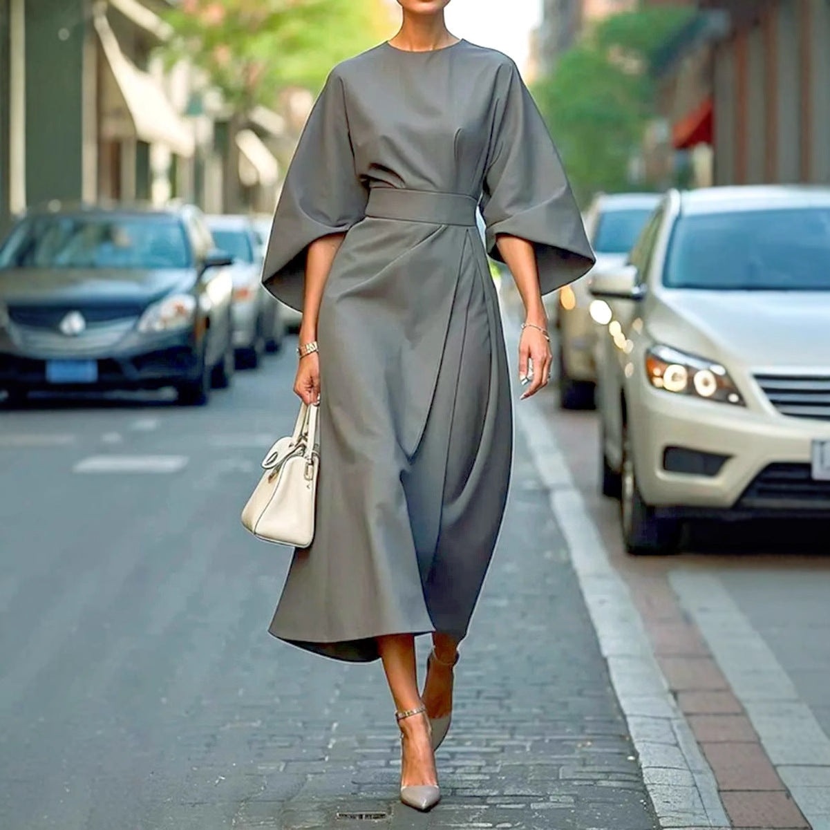Damen Elegantes Maxikleid mit Puffärmeln und tailliertem Schnitt WW