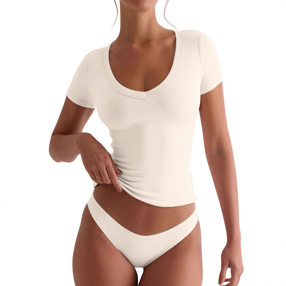 Damen figurbetontes V-Neck T-Shirt mit kurzen Ärmeln WW