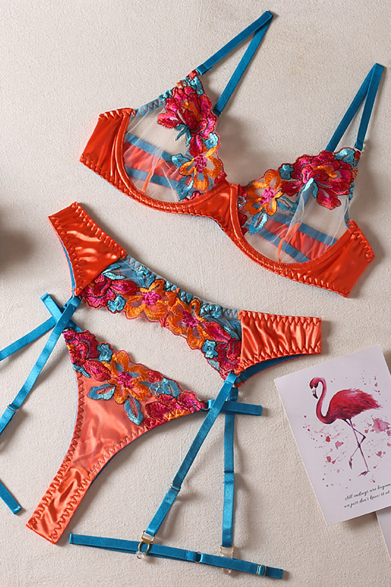 WW | Satin Durchsichtige Blumen 3 Teile Lingerie Set