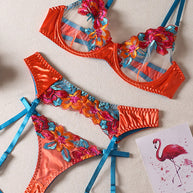 WW | Satin Durchsichtige Blumen 3 Teile Lingerie Set