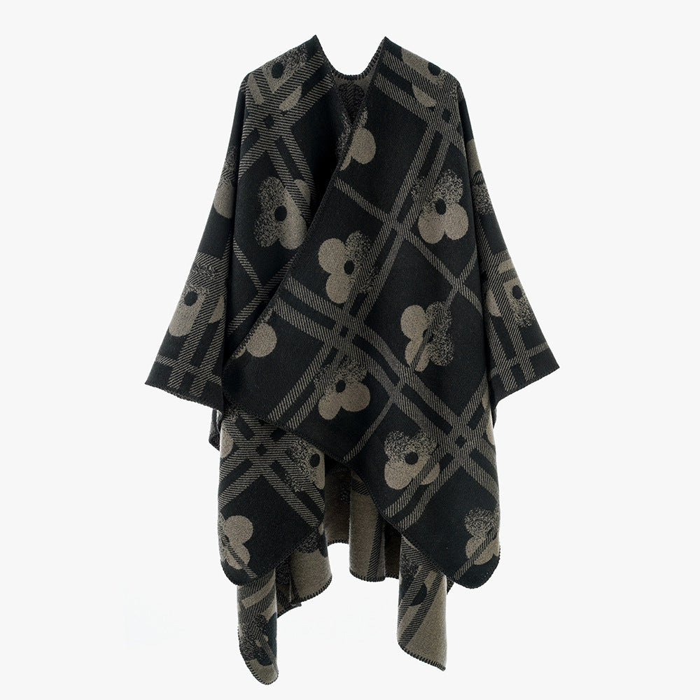 Damen modischer Wickelponcho mit floralem Design und eleganten Fransen WW