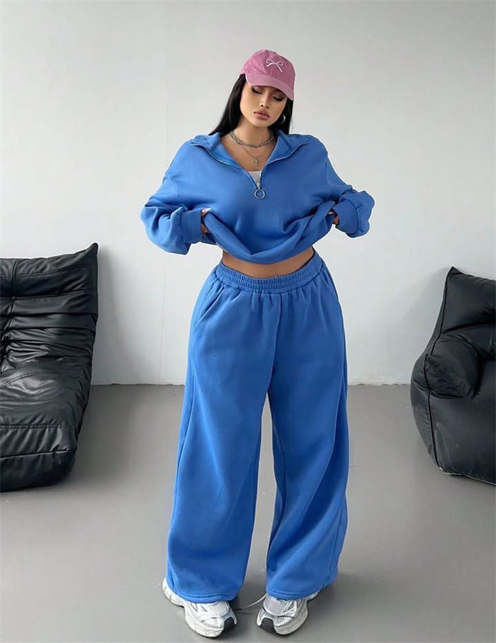 Damen Sportliches und lässiges Fleece-Set mit halbem Reißverschluss WW