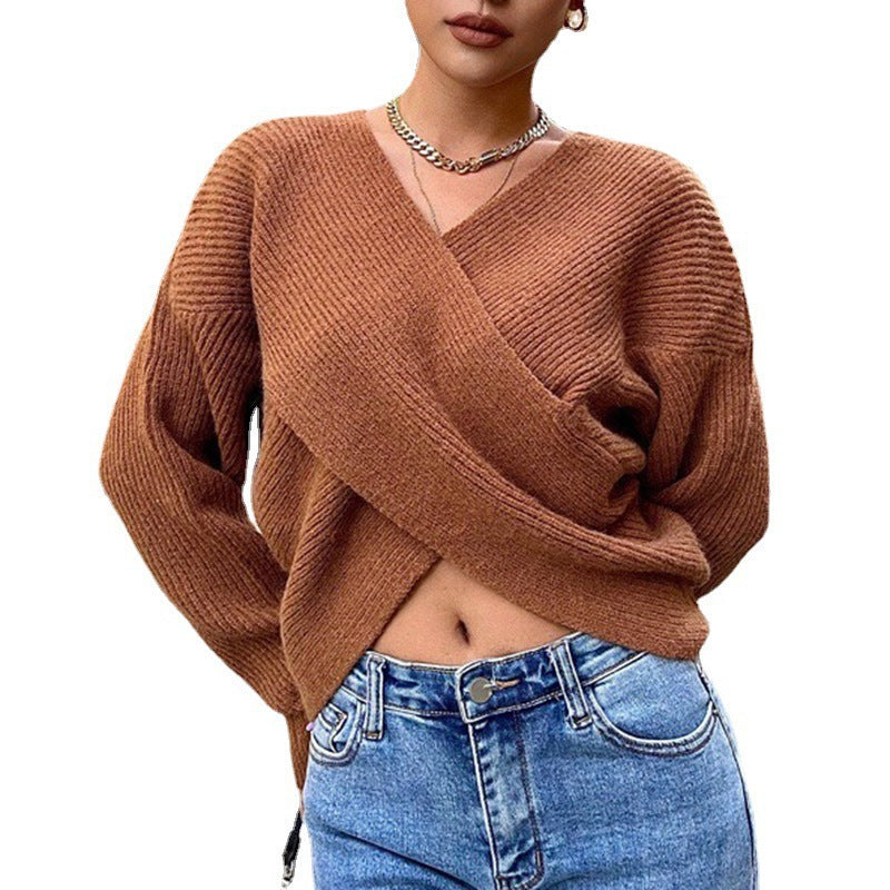Damen stilvoller Wickelpullover mit innovativem Schnitt und breiten Ärmeln WW