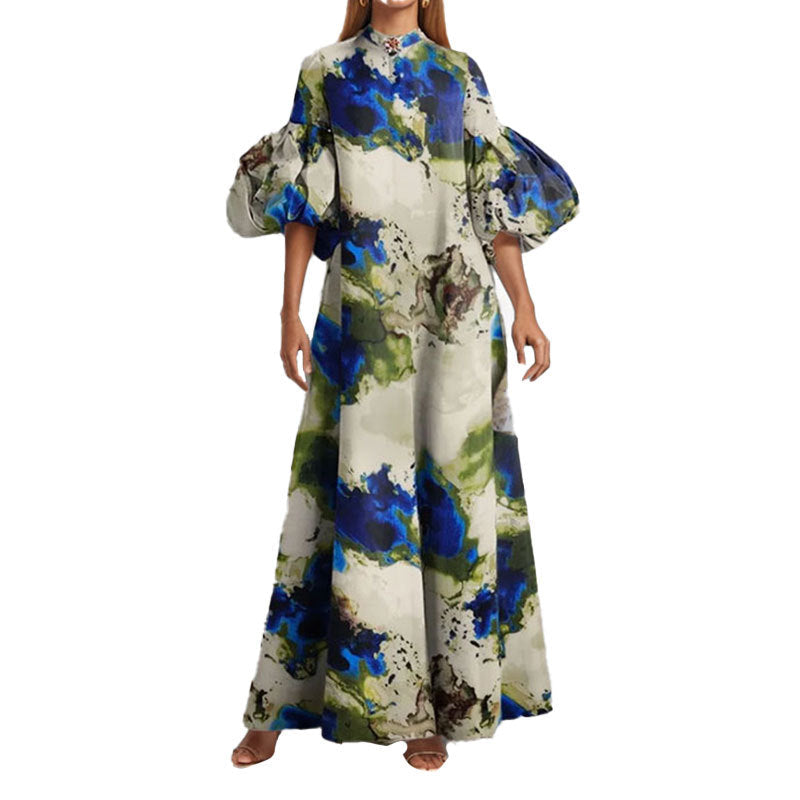 Damen Maxi-Kleid mit Volantärmeln und abstraktem Muster W&W Mode