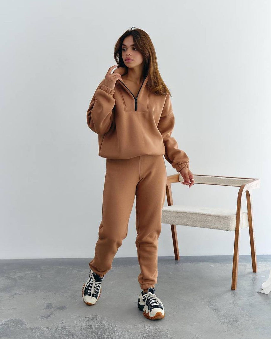 Damen Sportlicher Fleece-Traininganzug mit halbem Reißverschluss und elastischen Bündchen WW