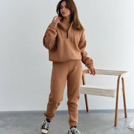 Damen Sportlicher Fleece-Traininganzug mit halbem Reißverschluss und elastischen Bündchen WW
