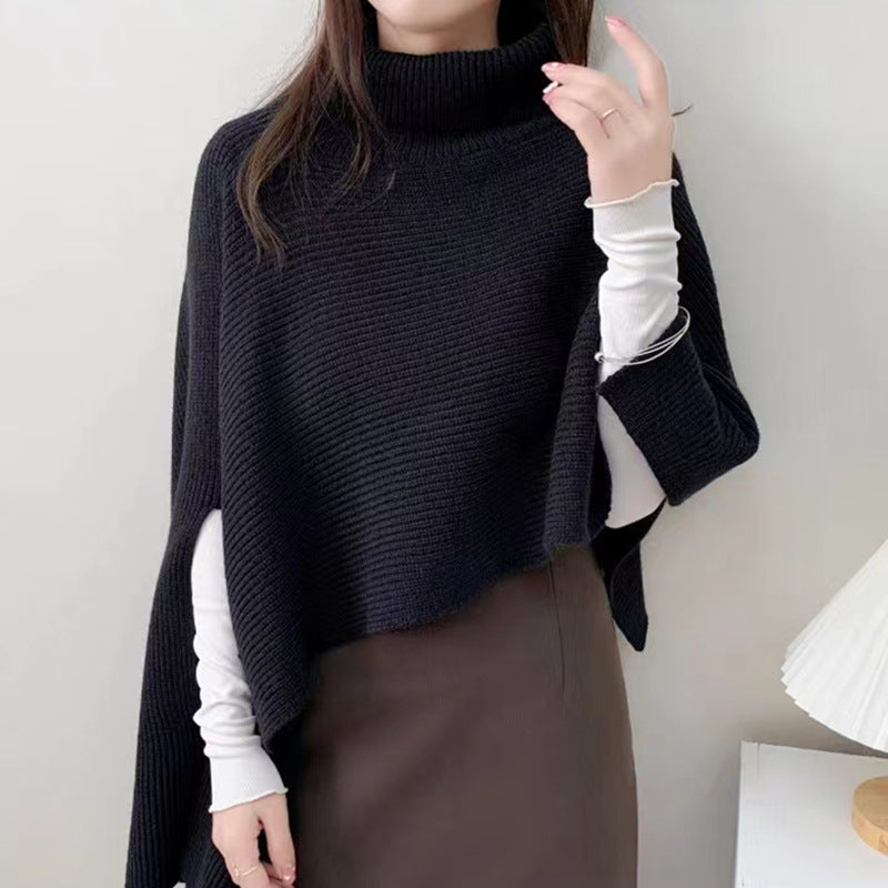 Damen Strickponcho mit hochgeschlossenem Kragen und eleganter Rippstruktur WW