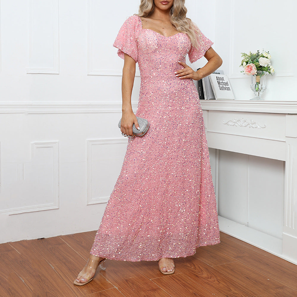 Damen Glitzerndes Abendkleid mit schulterfreien Flauschärmeln WW